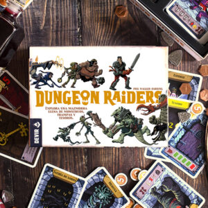 Dungeon Raiders juego de mesa en español Devir portada de caja y componentes