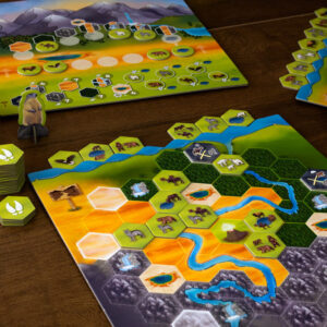 Tableros y fichas del juego de mesa Caldera Park en inglés por la editorial Pegasus Games