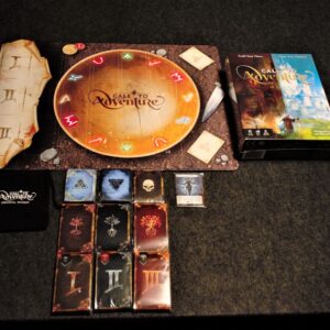 Componentes, tablero y cartas del juego de mesa Call to Adventure en inglés por la editorial Brotherwise-games