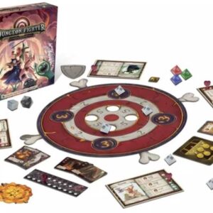 Componentes y tablero del juego de mesa Dungeon Fighter: Salas del Magma Perverso en español por la editorial Devir