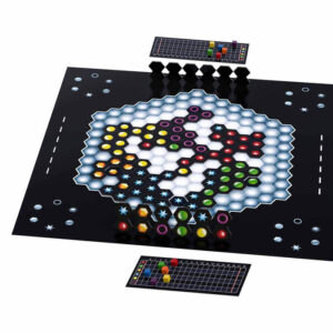 Componentes y tablero del juego de mesa Genial en español por la editorial Devir