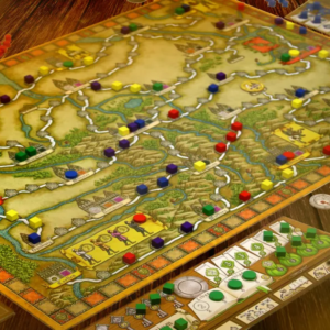 Componentes y tablero del juego de mesa Hansa Teutonica Big Box en inglés por la editorial Pegasus Games