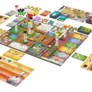 Componentes y tablero del juego de mesa Kitchen Rush en inglés por la editorial Pegasus Games