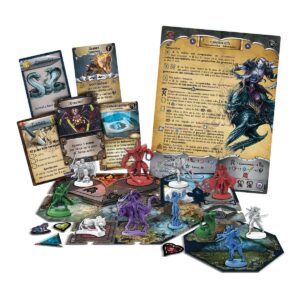 Componentes y figuras del juego de mesa Sword & Sorcery: Crónicas Antiguas en español por la editorial Devir