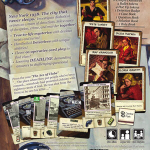 Reverso de caja y componentes del juego de mesa Deadline en Inglés por la editorial Wizkids