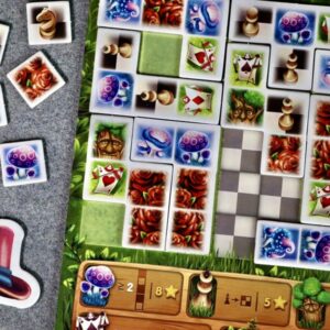 Fichas y componentes del juego de mesa El Jardín de Alicia en Español por la editorial Devir