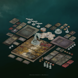 Componentes y tablero del juego de mesa Elden Ring: Stormveil Castle en Inglés por la editorial Steamforged Games