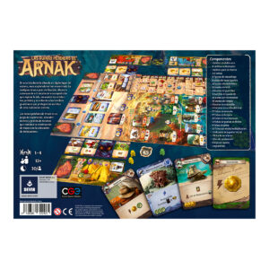Reverso, componentes y tablero del juego de mesa Las Ruinas Perdidas de Arnak en Español por la editorial Devir