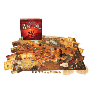 Componentes y tablero del juego de mesa Las Leyendas de Andor en Español por la editorial Devir