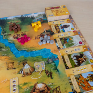 Tablero y componentes del juego de mesa Lewis & Clark en Español por la editorial Maldito Games