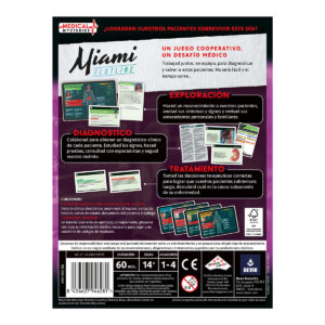 Reverso y componentes del juego de mesa Medical mysteries: Miami en Español por la editorial Devir