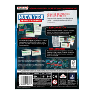 Reverso y componentes del juego de mesa Medical mysteries: New York en Español por la editorial Devir