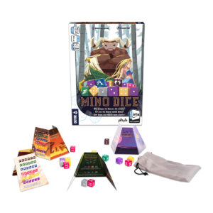 Componentes y caja del juego de mesa Mino Dice en Español por la editorial Devir