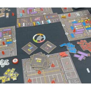 Tablero y componentes del juego de mesa Overparked en Español por la editorial Maldito Games