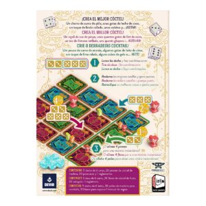 Reverso, componentes y tablero del juego de mesa Piña Coladice en Español por la editorial Devir
