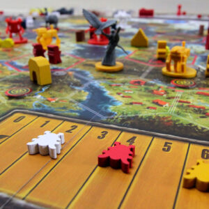 Meeples y componentes del juego de mesa Scythe en Español por la editorial Maldito Games