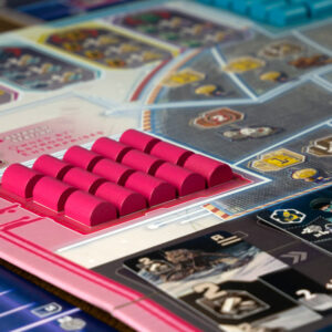 Componentes y tablero del juego de mesa Skymines en Español por la editorial Maldito Games
