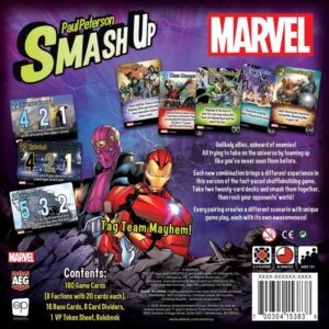 Reverso de caja, componentes y cartas del juego de mesa Smash Up Marvel en Inglés por la editorial Steamforged Games