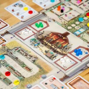 Componentes y tablero del juego de mesa Stephens en Español por la editorial Maldito Games