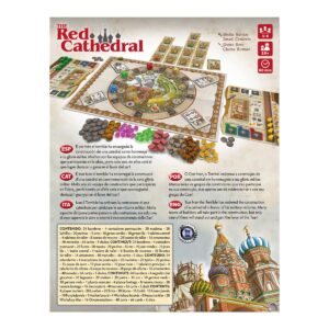 Reverso y componentes del juego de mesa The Red Cathedral en Español por la editorial Devir
