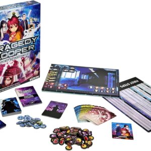 Componentes, caja y cartas del juego de mesa Tragedy Looper: New Tragedies en Inglés por la editorial Wizkids