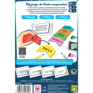Reverso de caja, componentes y fichas del juego de mesa Fun Facts en Español por la editorial Repos