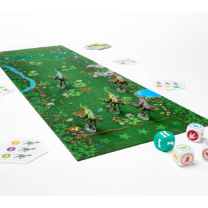 Componentes y tablero del juego de mesa Raptor Race en Español por la editorial FlexIq