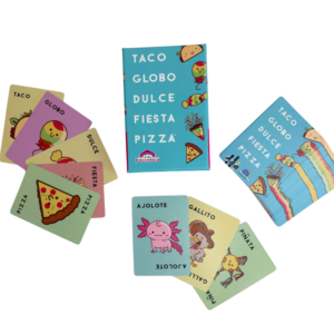 Componentes, arte y cartas del juego de mesa Taco Globo Dulce Fiesta Pizza en Español por la editorial La casa de la Educadora